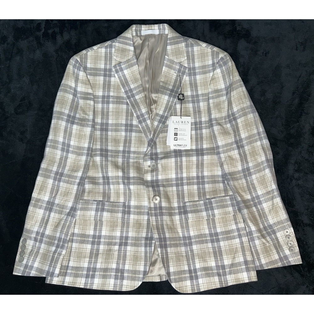Lauren Ralph Lauren Blazer Men 38S Cream Grey Window Plaid 100% Linen Lassiter